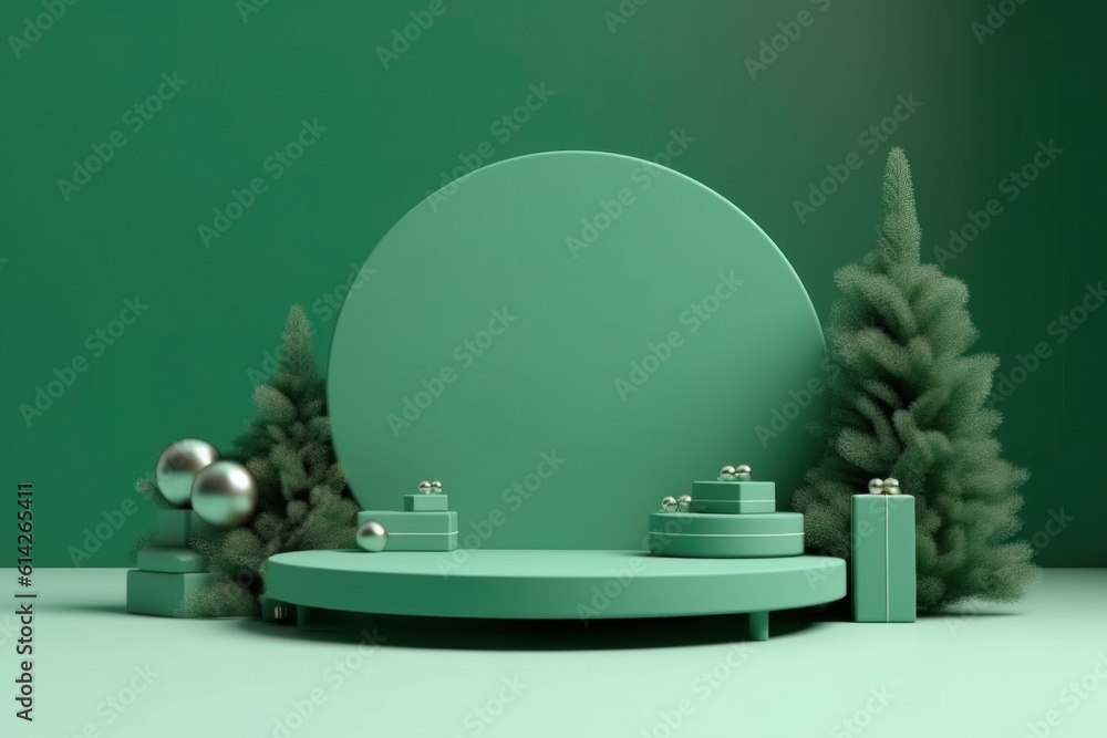 Green Christmas Podium Background. Illustration AI Generative.