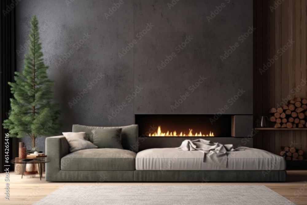 Cozy Christmas Background with Fireplace. Illustration AI Generative.