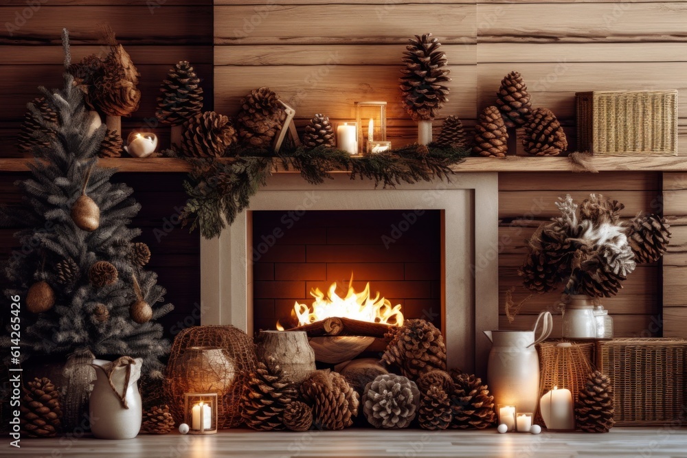 Cozy Christmas Background with Fireplace. Illustration AI Generative.