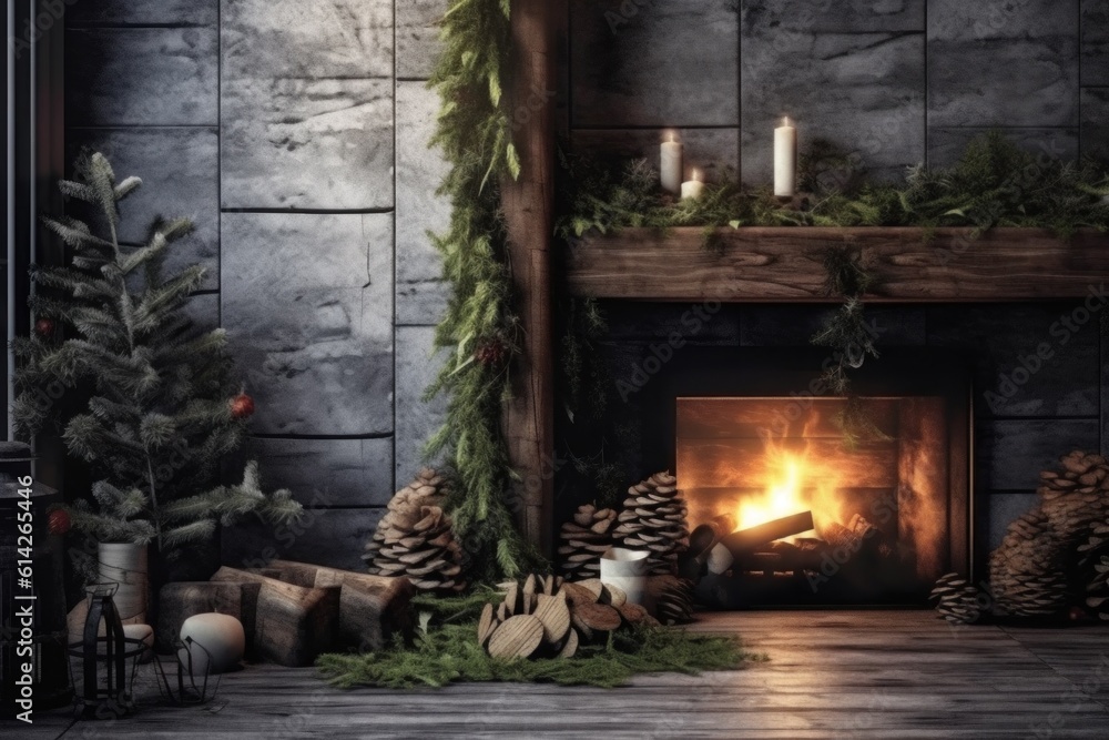 Cozy Christmas Background with Fireplace. Illustration AI Generative.