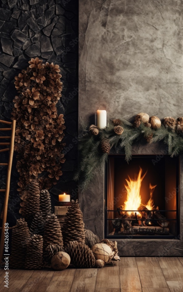 Cozy Christmas Background with Fireplace. Illustration AI Generative.