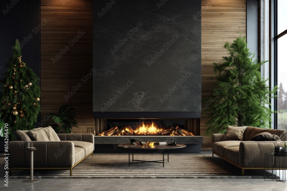 Cozy Christmas Background with Fireplace. Illustration AI Generative.