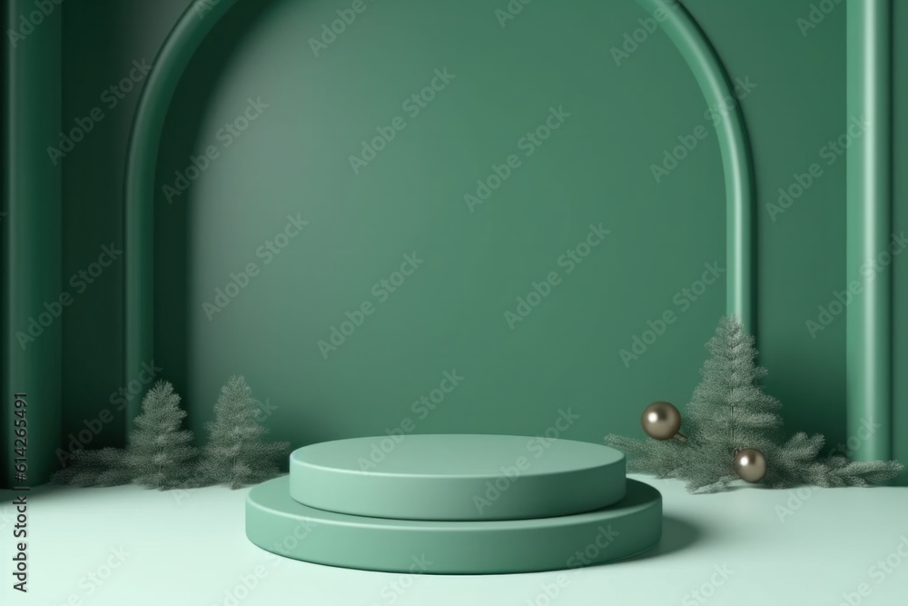 Green Christmas Podium Background. Illustration AI Generative.