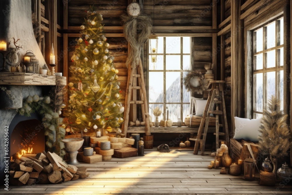 Decorated Winter Christmas Interior. Illustration Generative AI.