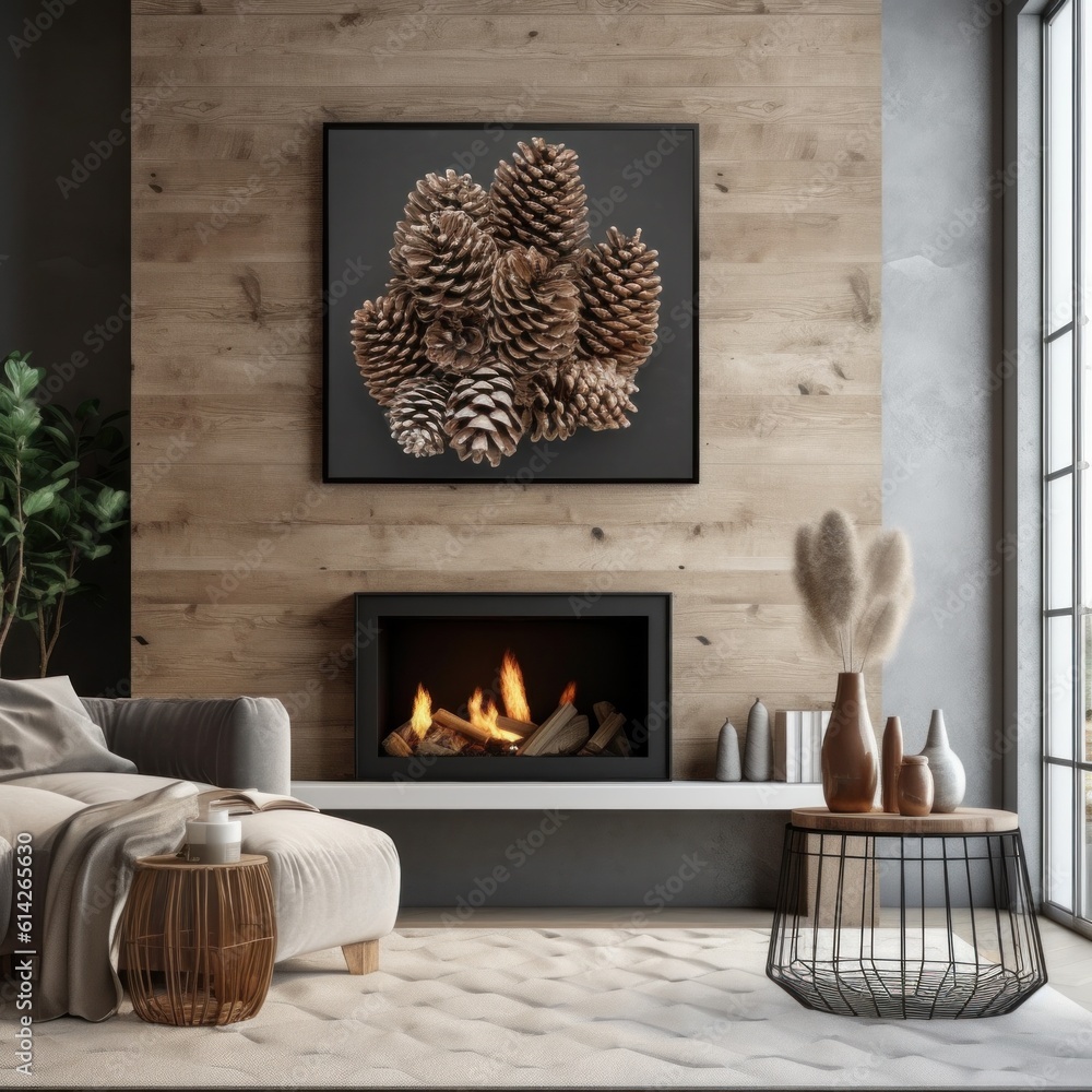 Cozy Christmas Background with Fireplace. Illustration AI Generative.