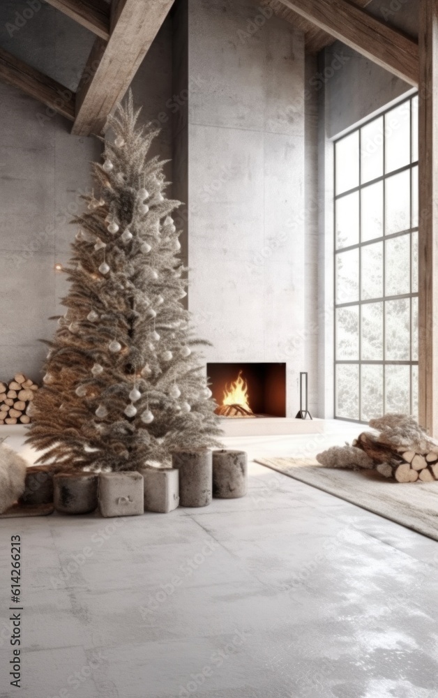 Cozy Christmas Background with Fireplace. Illustration AI Generative.