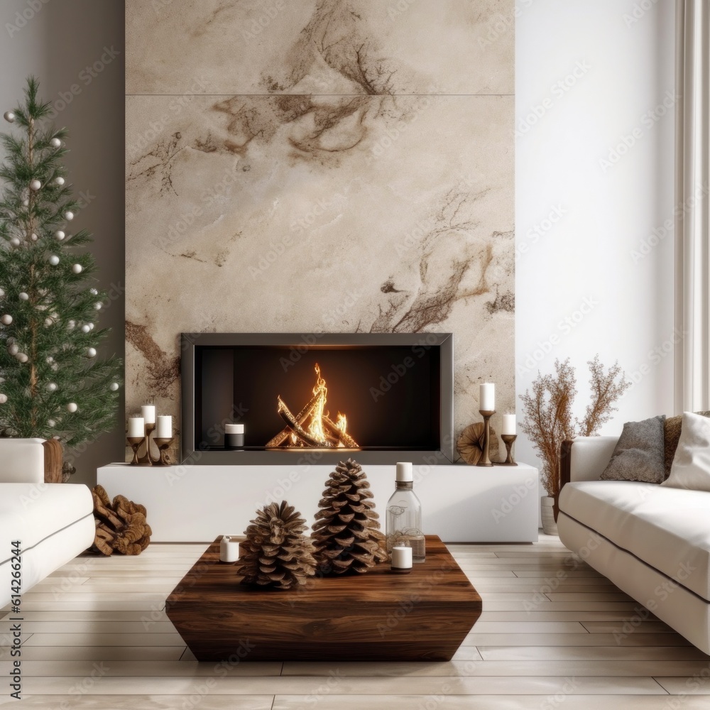 Cozy Christmas Background with Fireplace. Illustration AI Generative.