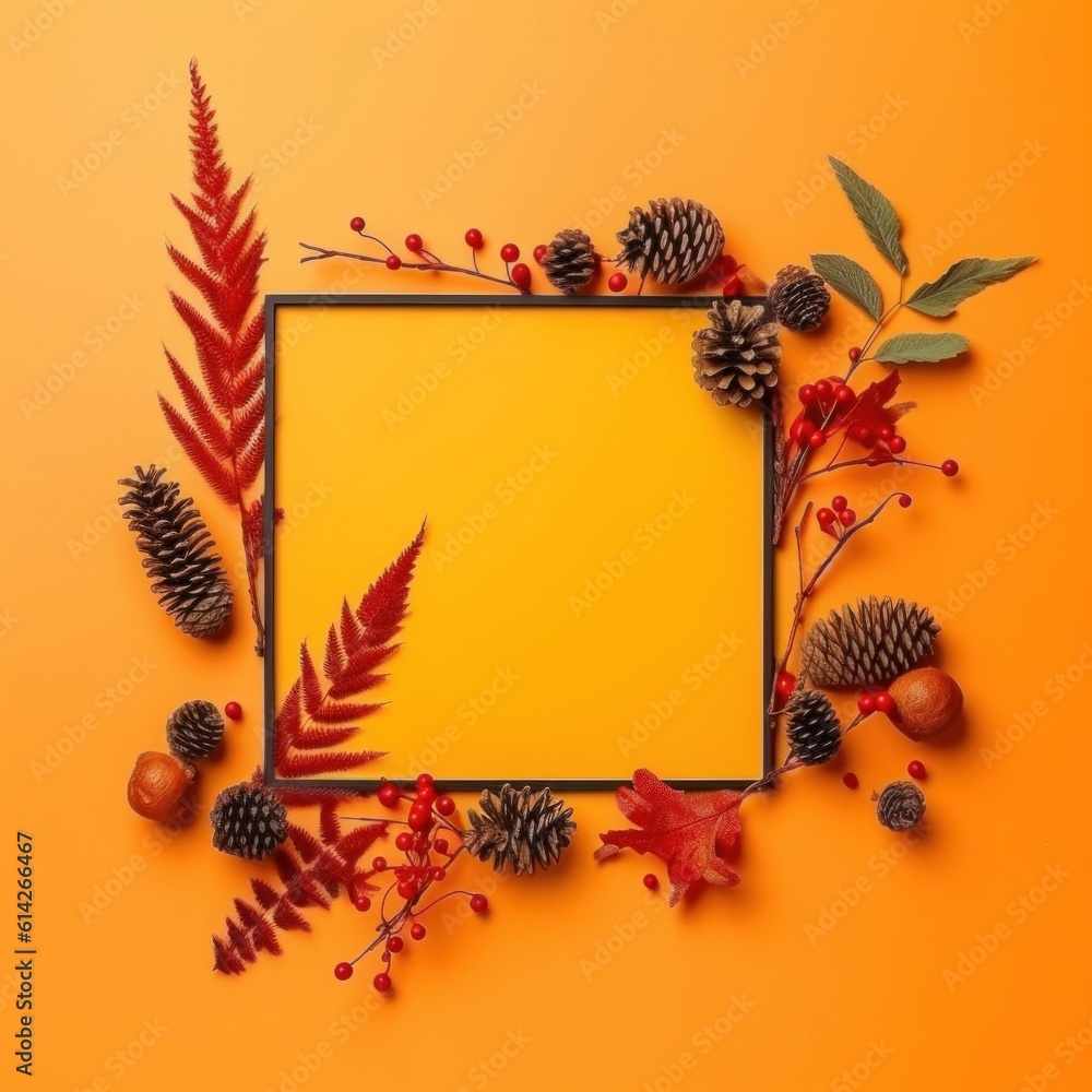 Autumn frame with falling leaves. Illustration AI Generative.