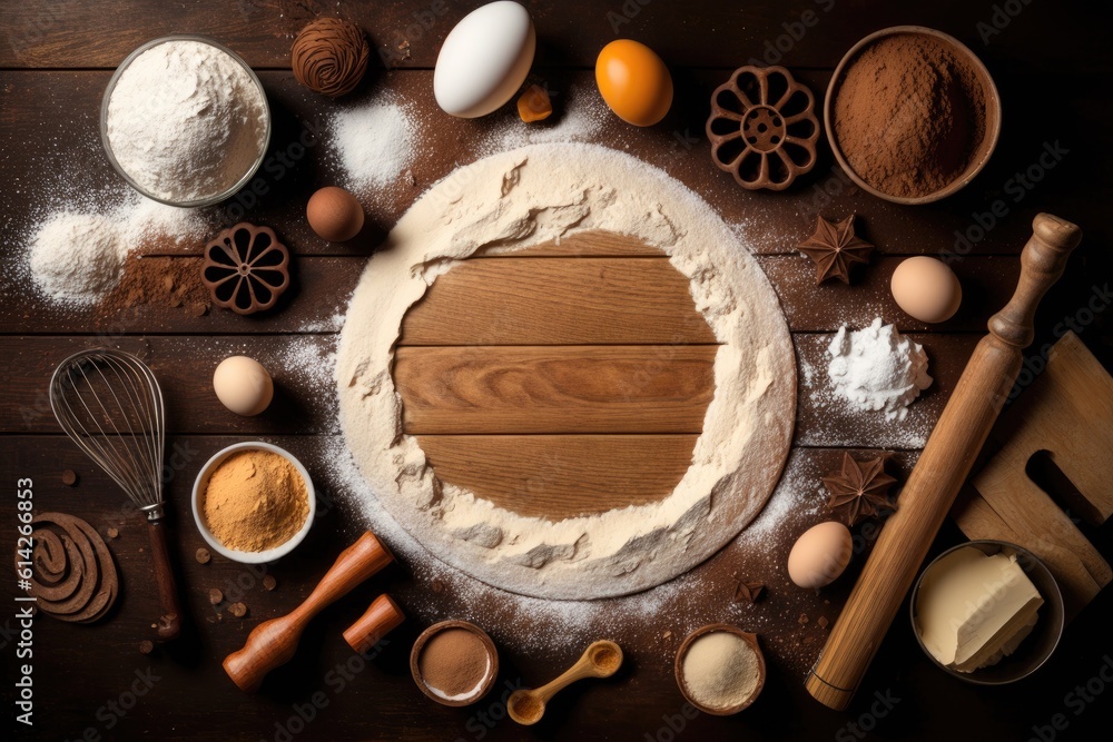 variety of foods displayed on a wooden table. Generative AI