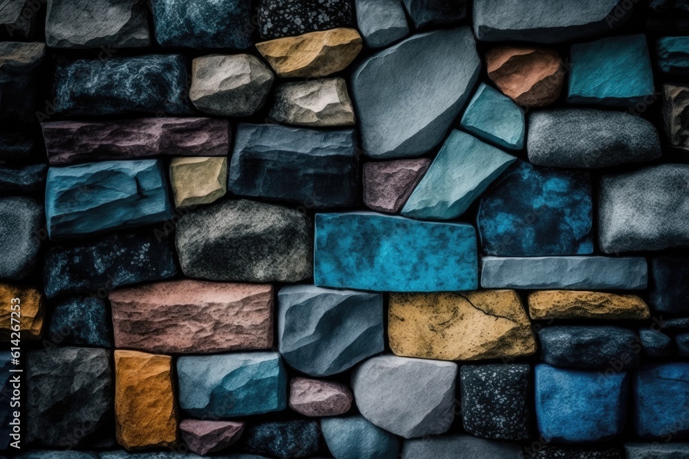 textured stone wall with a variety of colored rocks. Generative AI