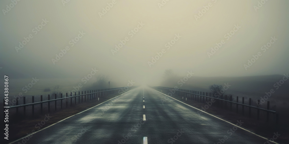 Misty empty road with trees on the side. Foggy highway. Mystery travel concept. Generative AI