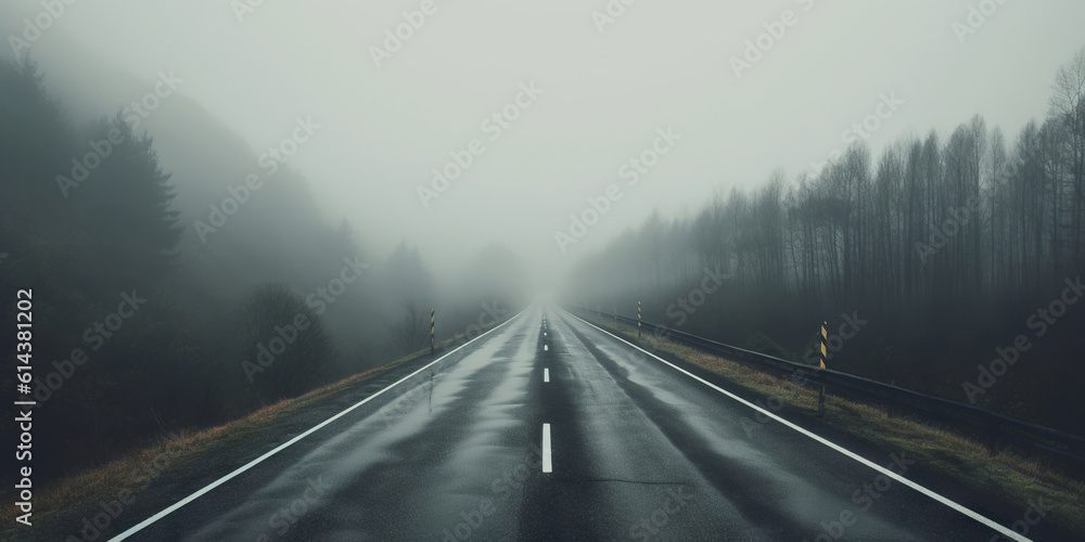 Misty empty road with trees on the side. Foggy highway. Mystery travel concept. Generative AI