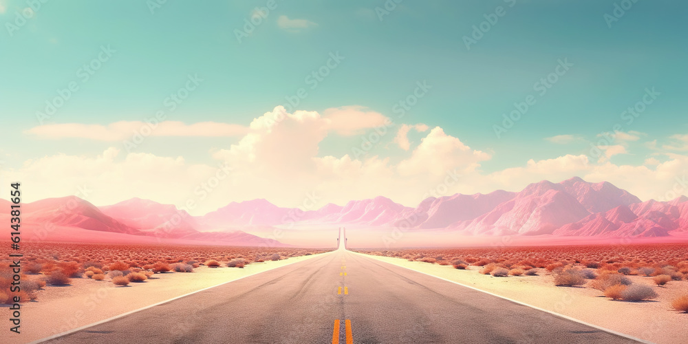 Minimalistic empty highway in desert. Travel concept. Generative AI