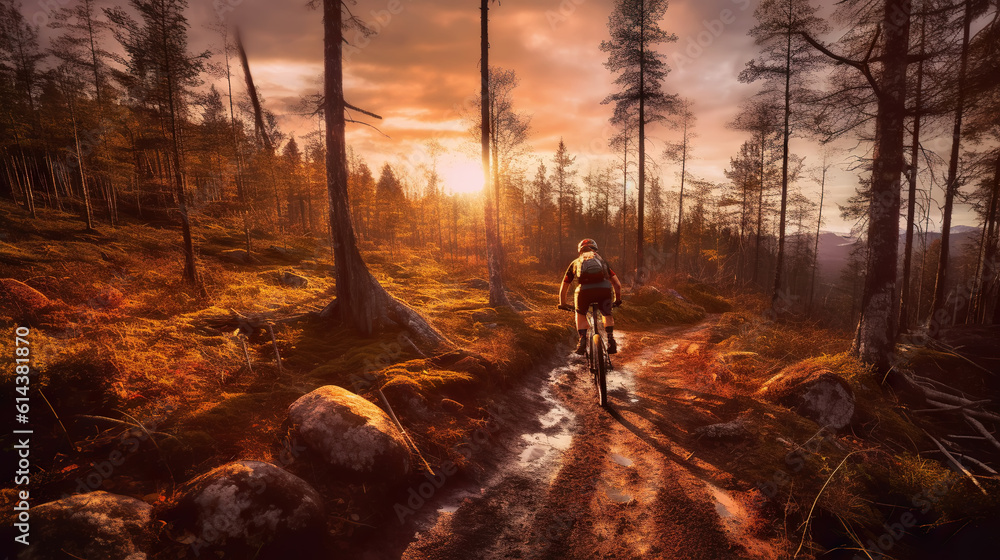 Mountain biker riding on bike in spring inspirational forest landscape. Man cycling on enduro trail 