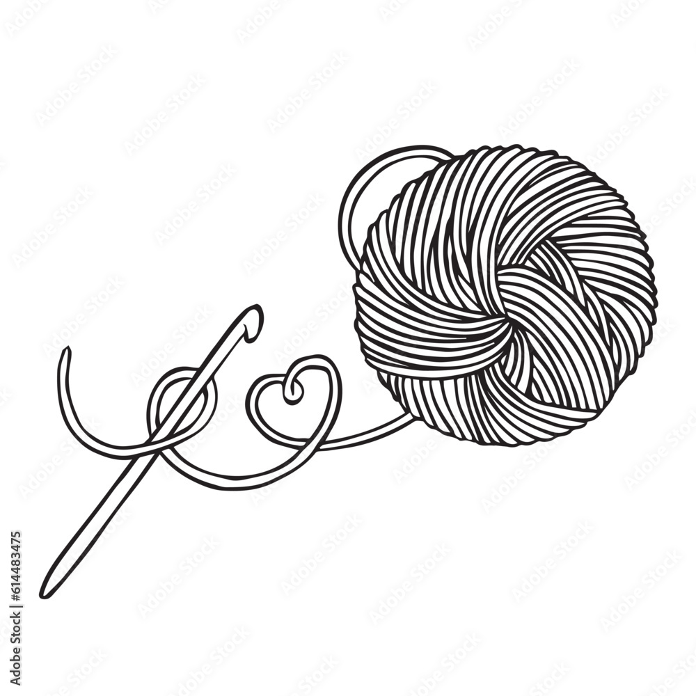 vector drawing in doodle style. a ball of wool and a hook. knitting, crochet, hobby