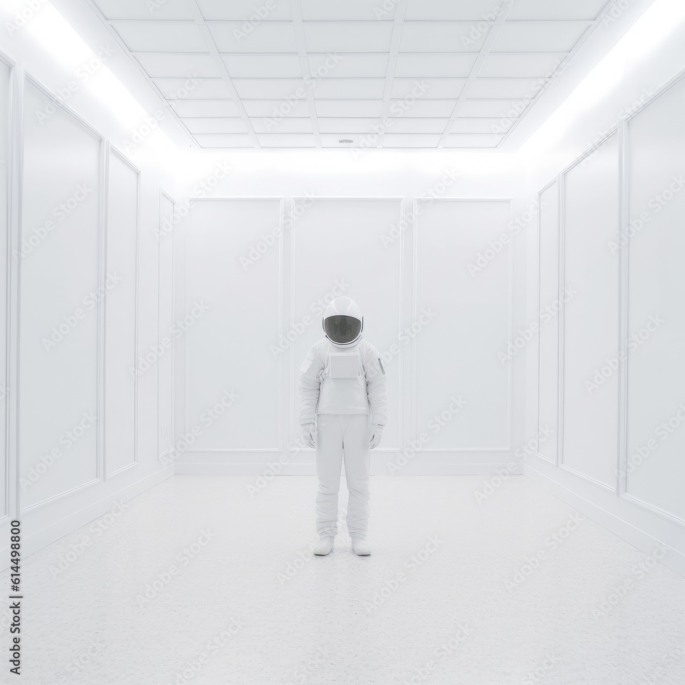 Astronaut standing in white spaceship room.