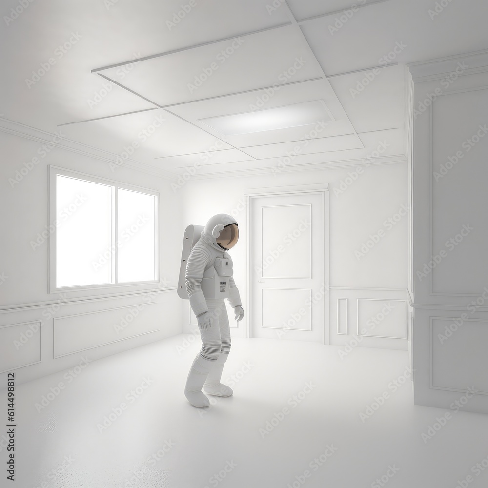 Astronaut standing in white spaceship room.