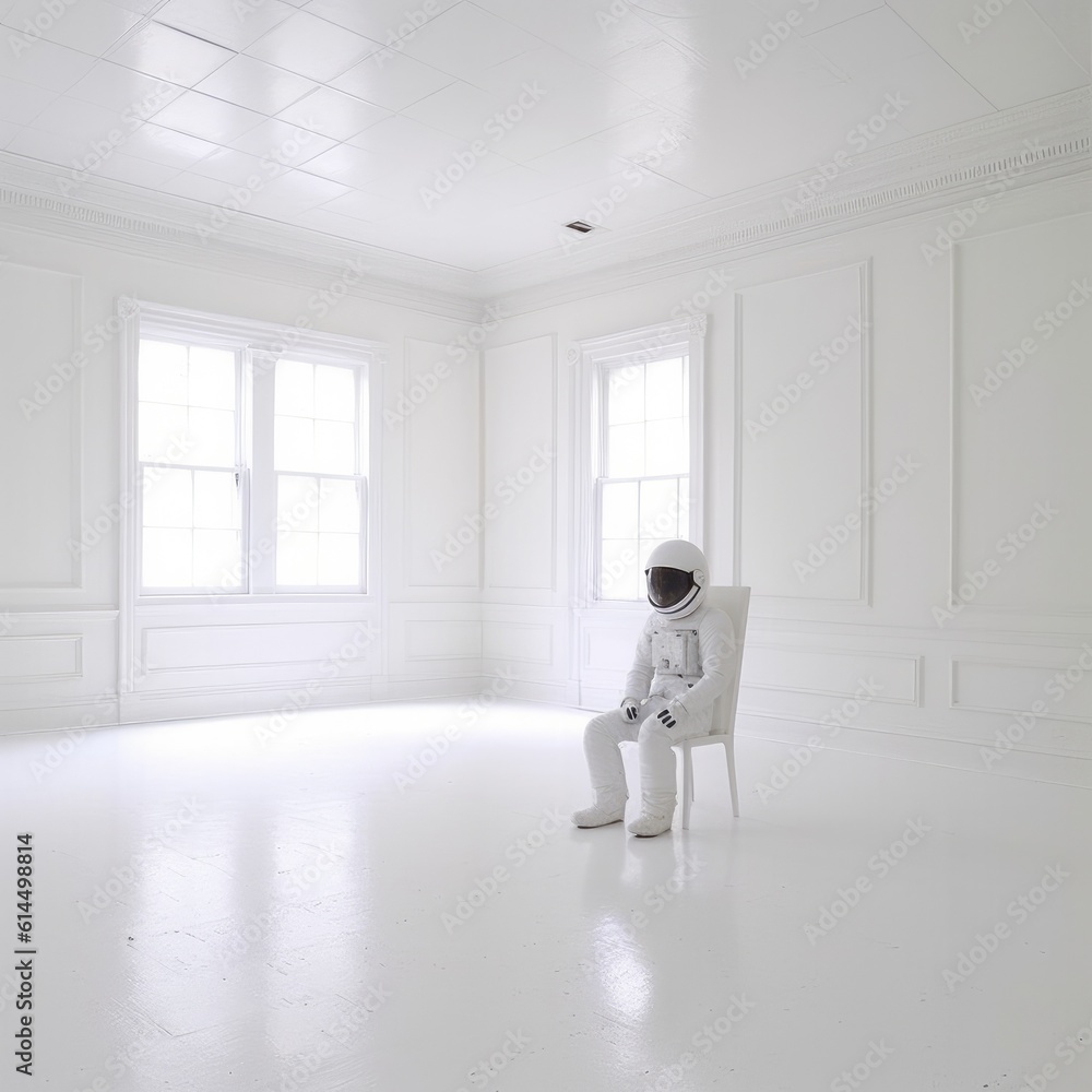 Astronaut standing in white spaceship room.