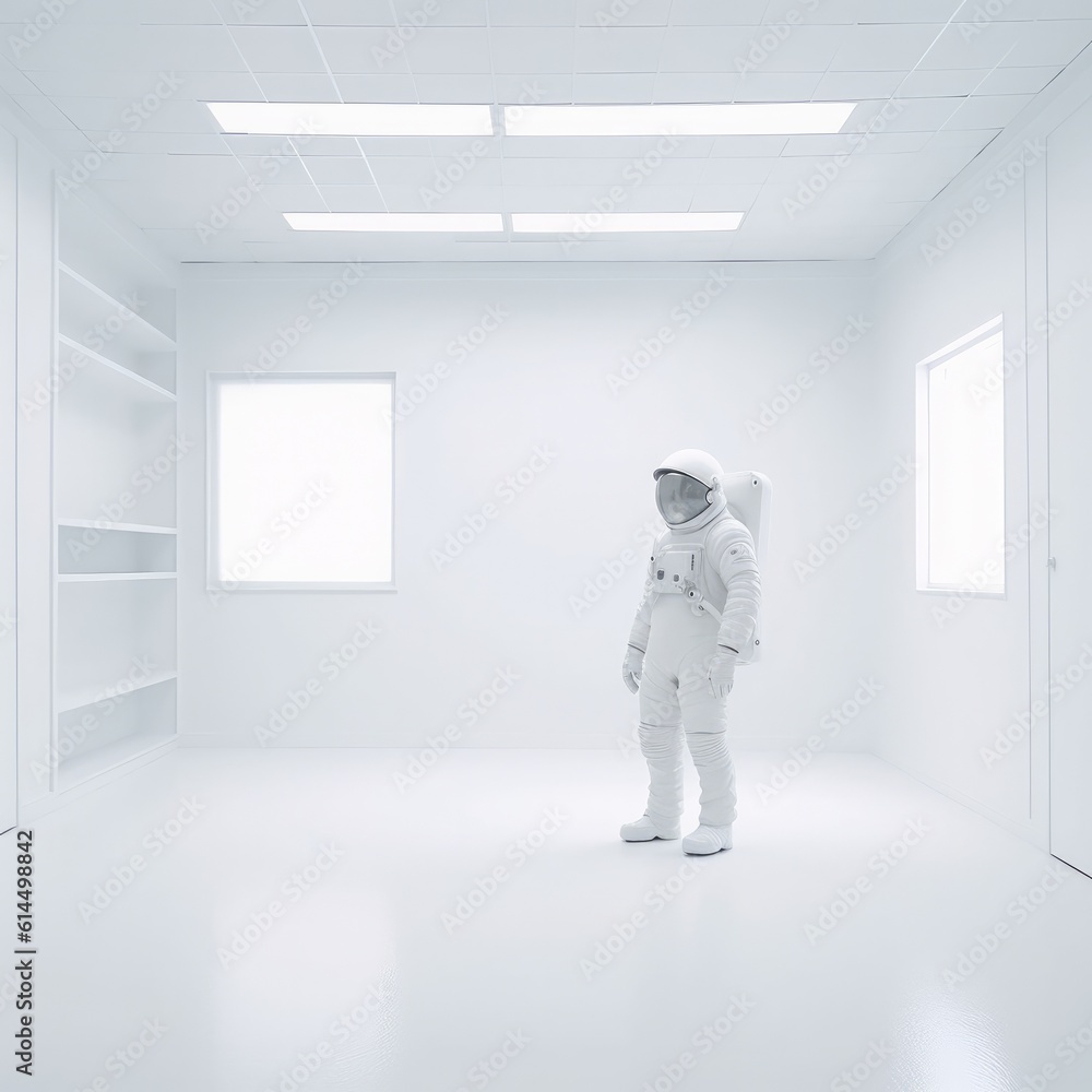 Empty modern concrete office with spaceman.