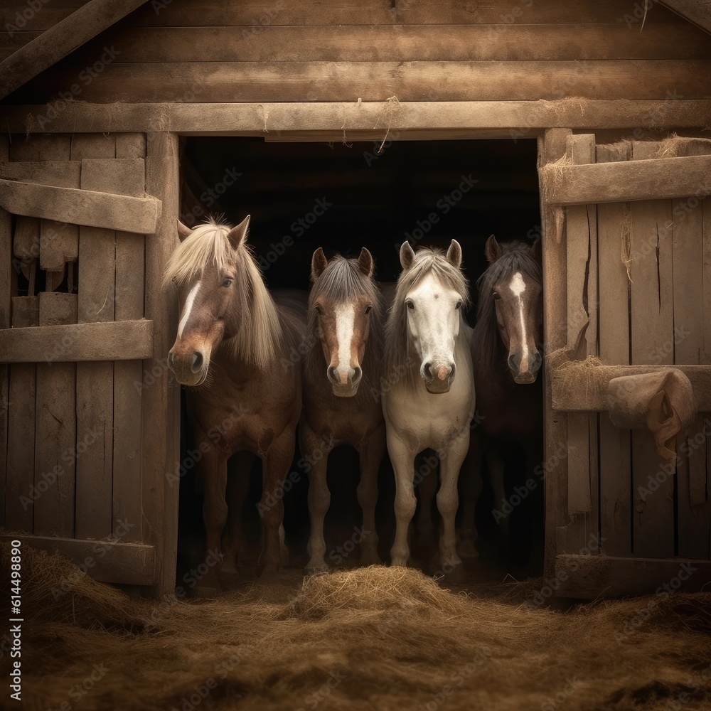 Pony horse looks out of an old wooden stable, Animal.