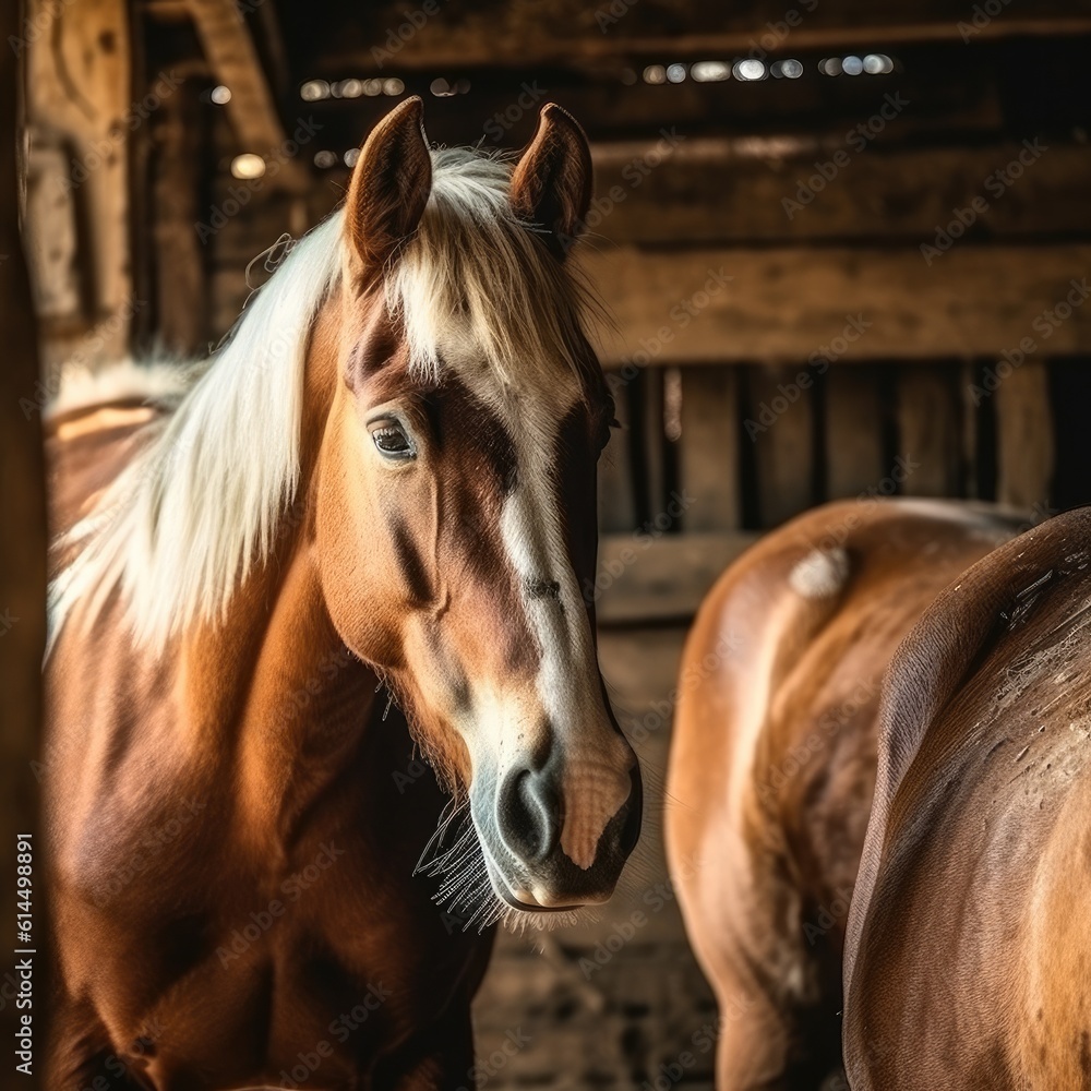 Two horses are standing in wooden stable at farm.