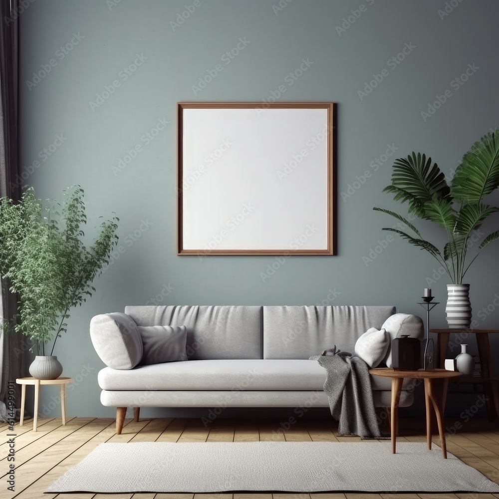 Mock up poster frame in modern interior background, living room.