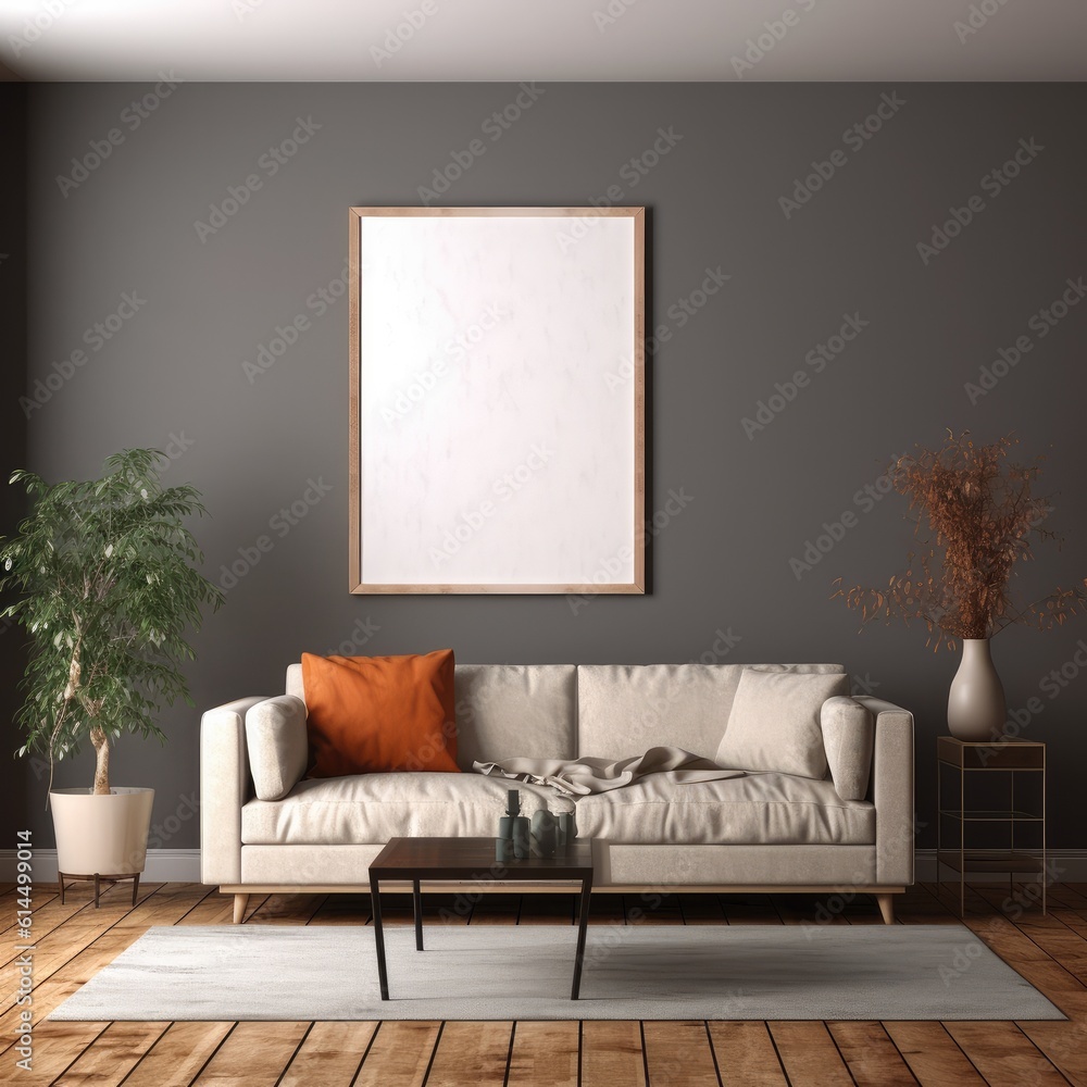 Mock up poster frame in modern interior background, living room.