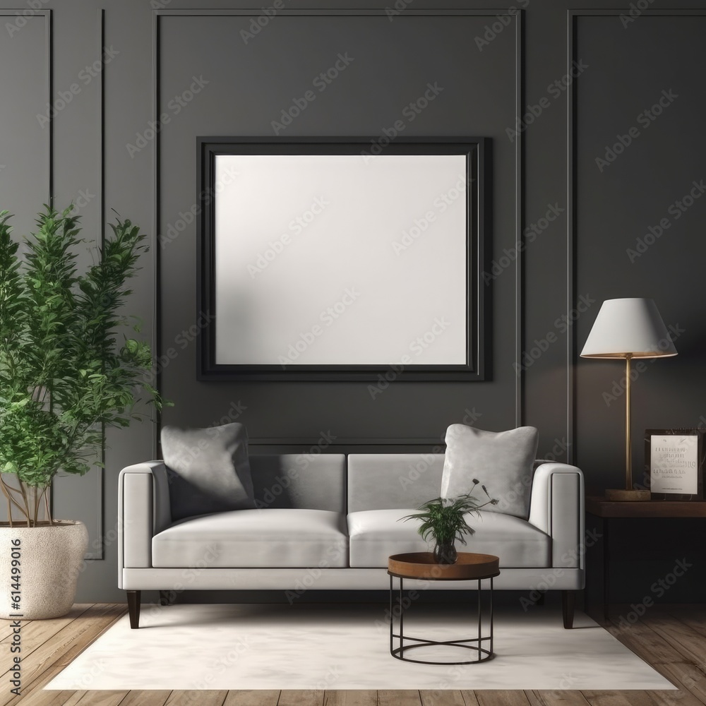 Poster mockup with frame on empty wall in living room interior.