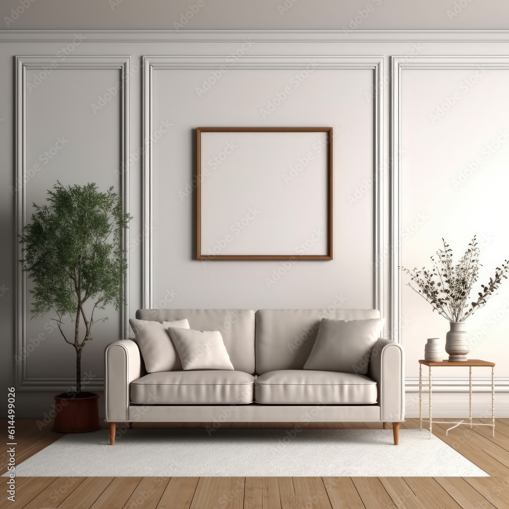 Poster mockup with frame on empty wall in living room interior.