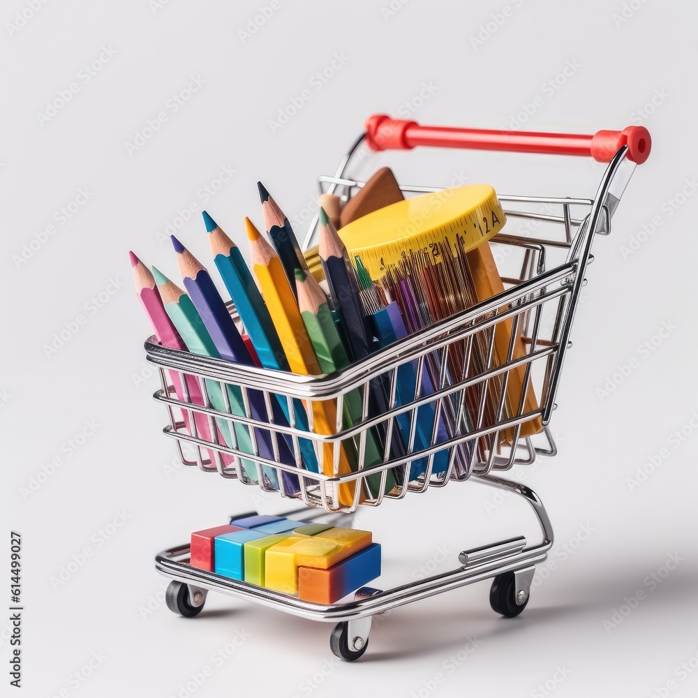 Close up of miniature shopping trolley with school materials, Back to school, shopping, school mater