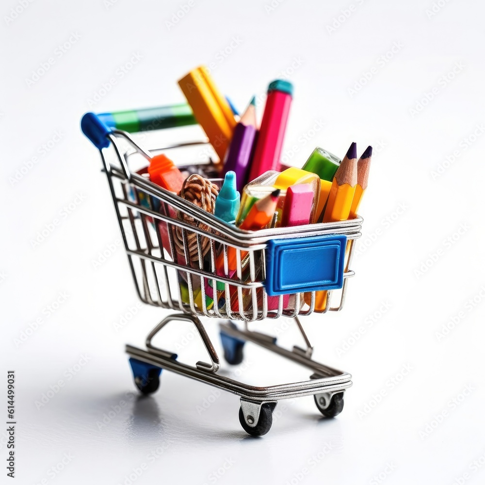 Close up of miniature shopping trolley with school materials and copy space on white background.