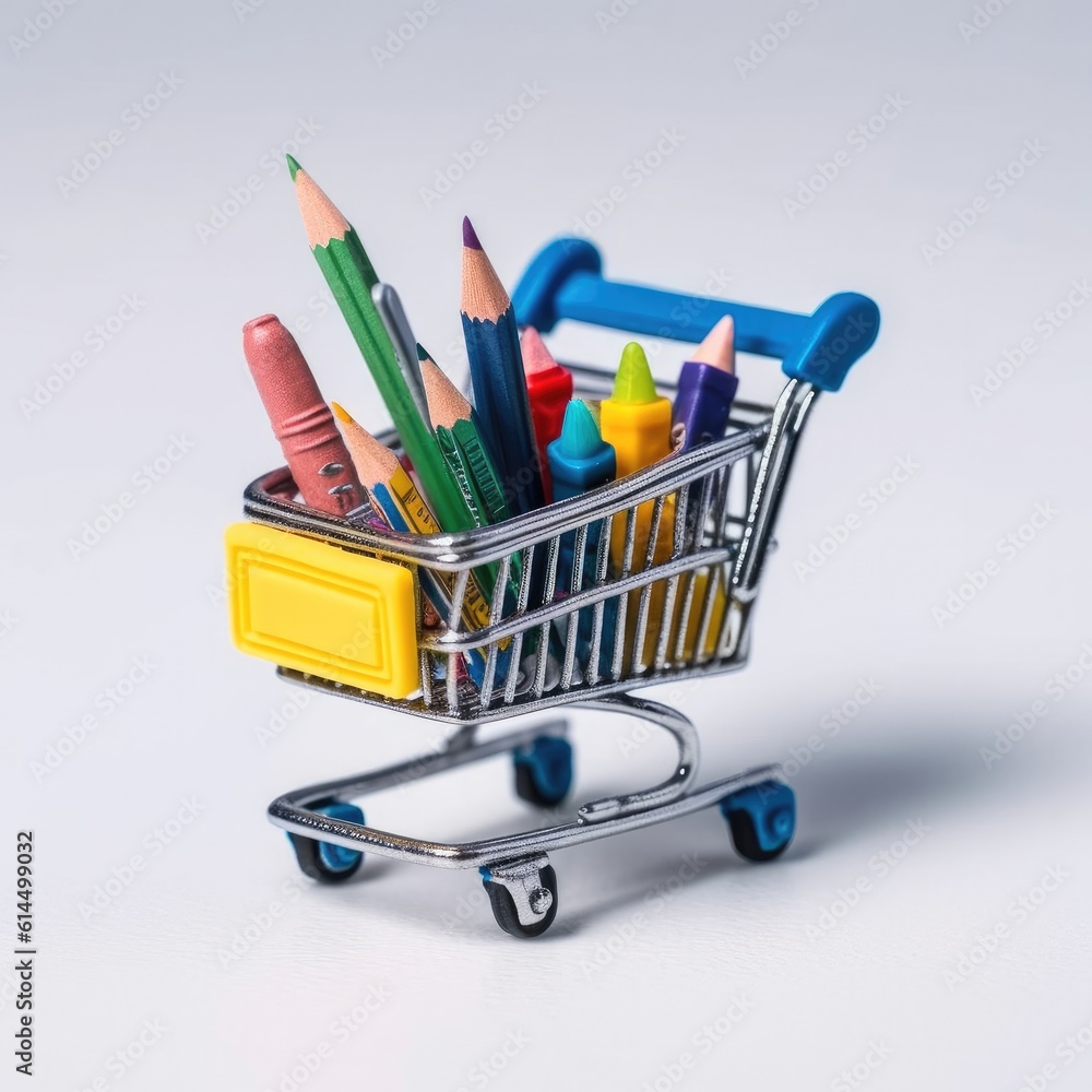 Close up of miniature shopping trolley with school materials and copy space on white background.