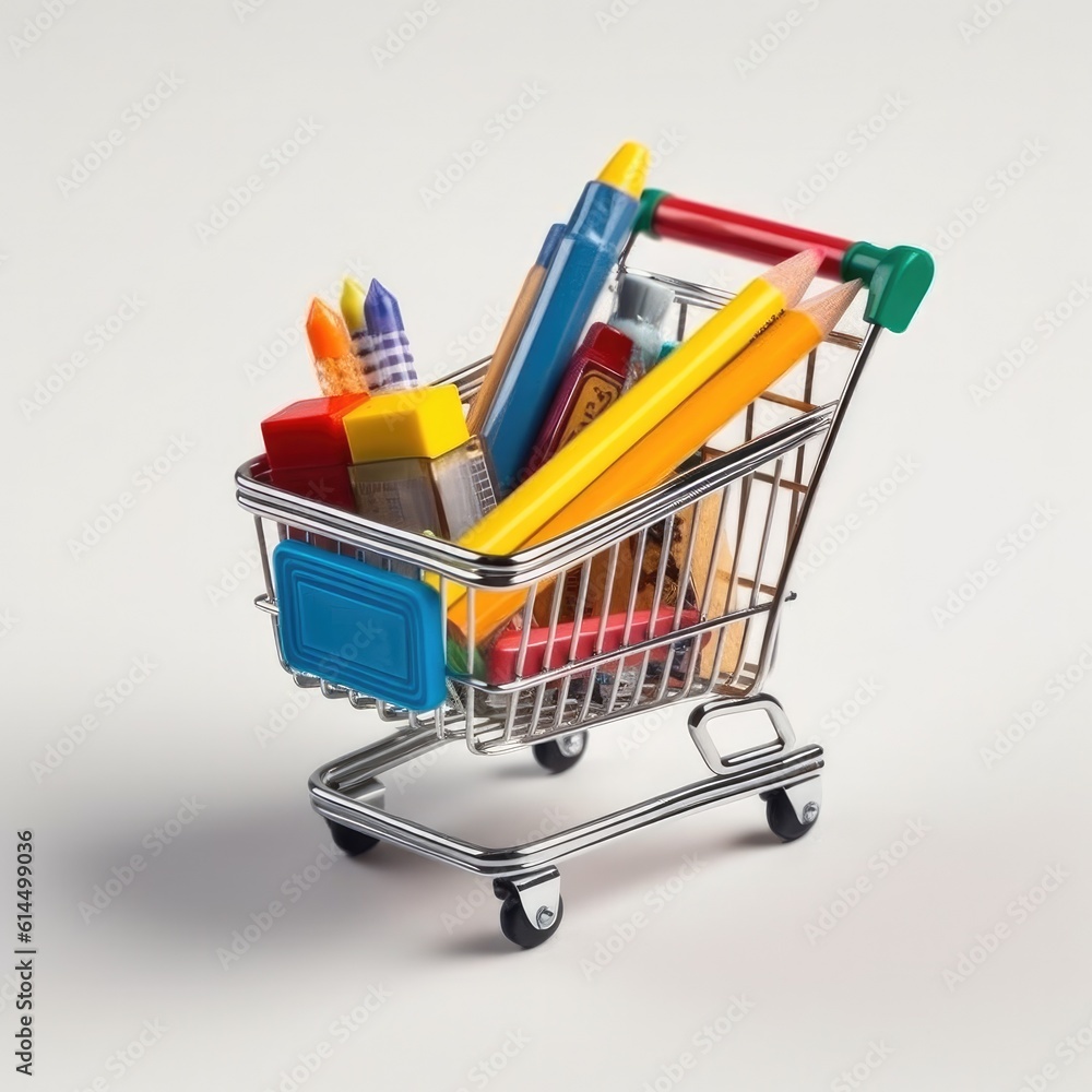 Miniature shopping trolley with school materials on white background.