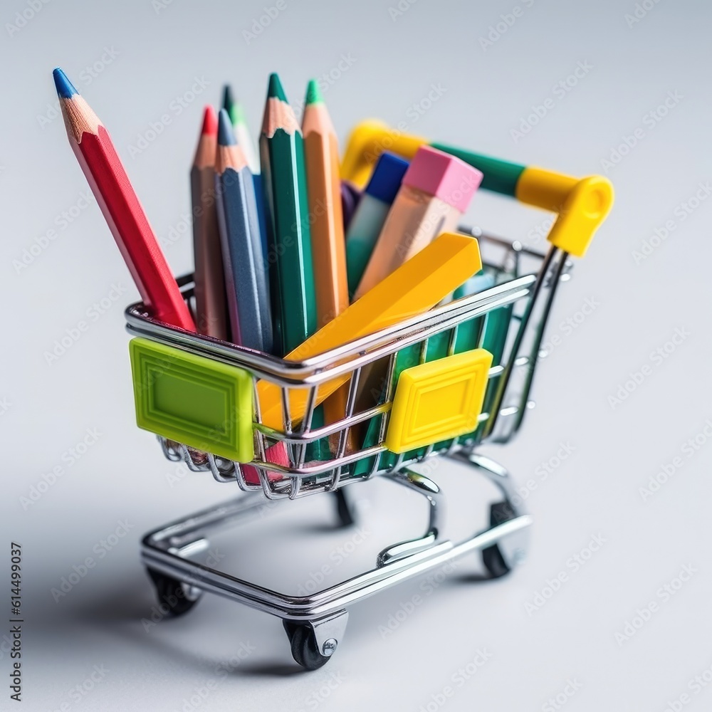 Close up of miniature shopping trolley with school materials, Back to school, shopping, school mater