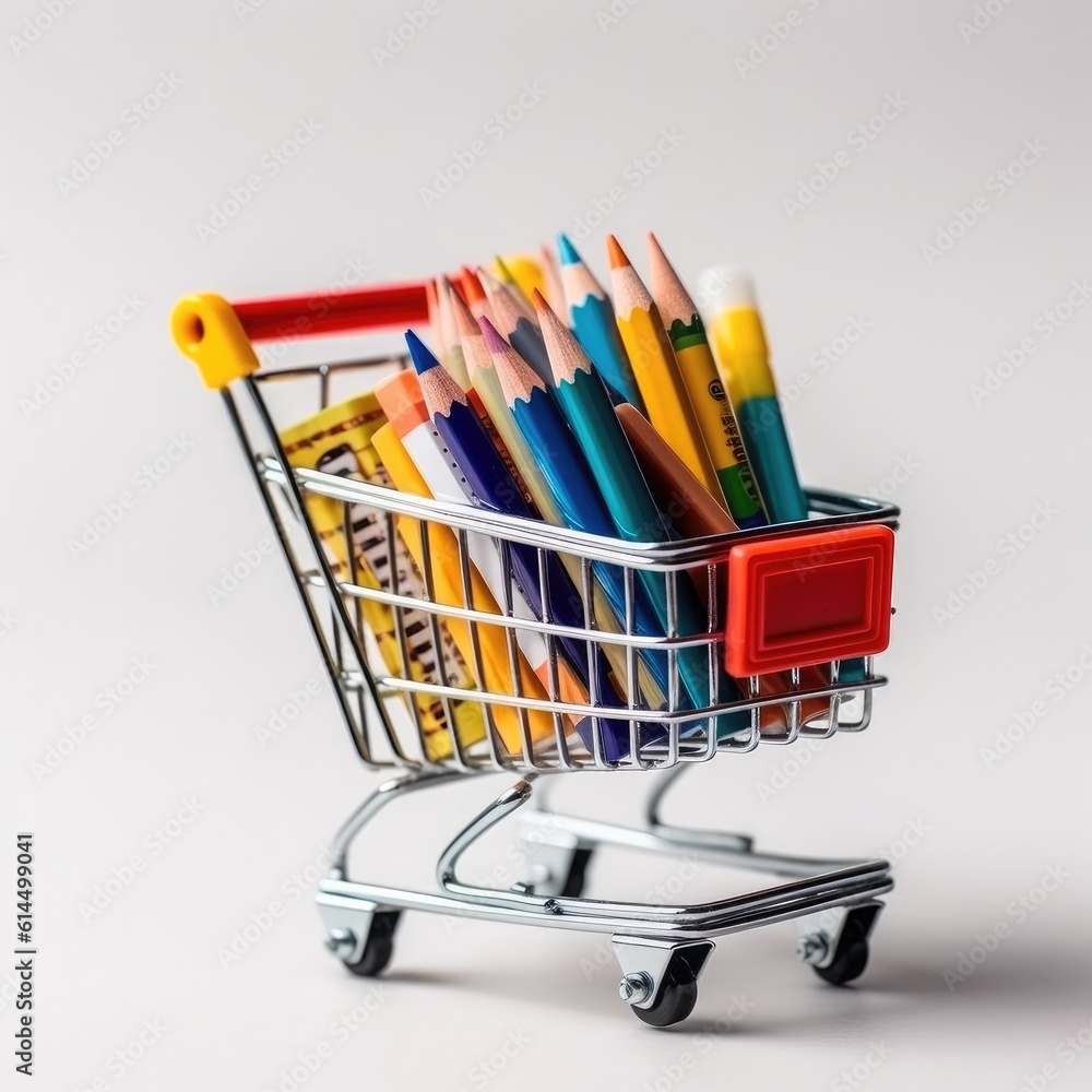 Miniature shopping trolley with school materials on white background.