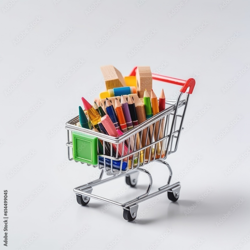 Close up of miniature shopping trolley with school materials and copy space on white background.