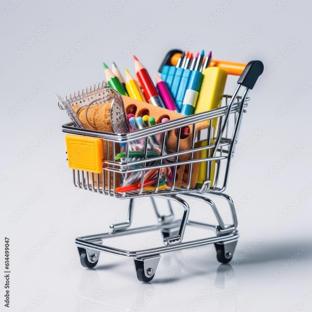 Close up of miniature shopping trolley with school materials, Back to school, shopping, school mater