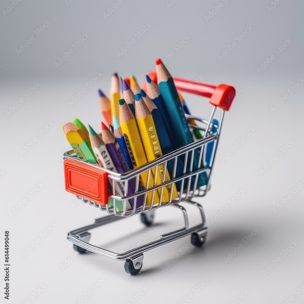 Close up of miniature shopping trolley with school materials and copy space on white background.