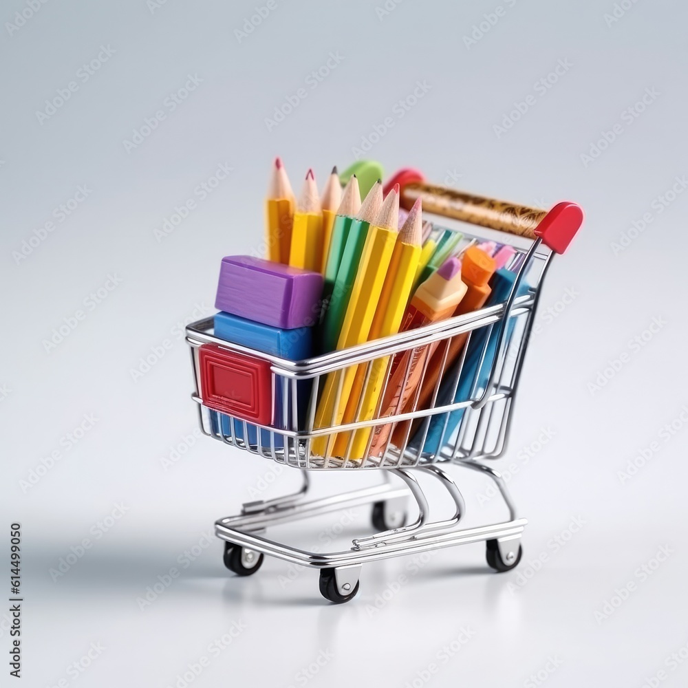 Close up of miniature shopping trolley with school materials, Back to school, shopping, school mater