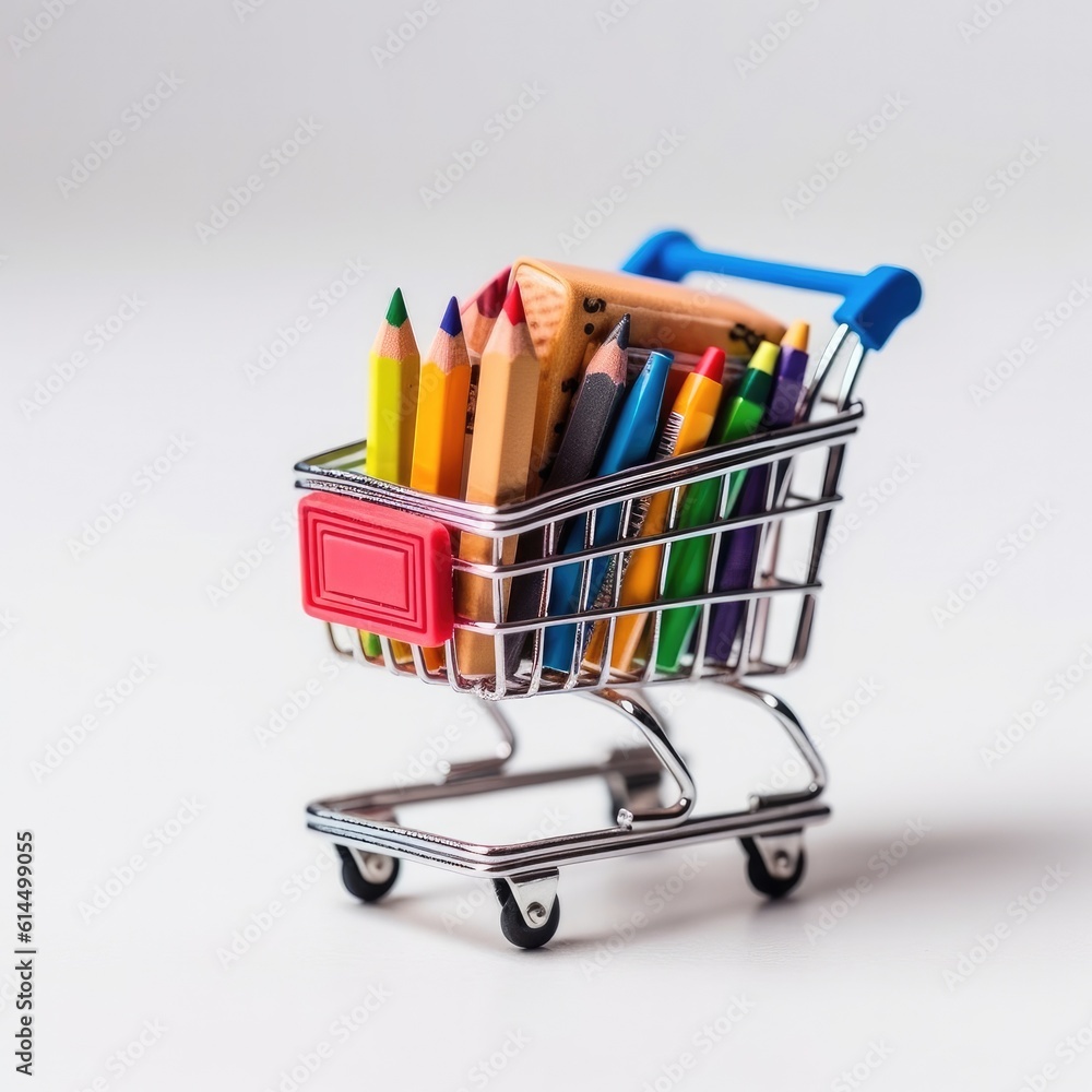 Miniature shopping trolley with school materials on white background.