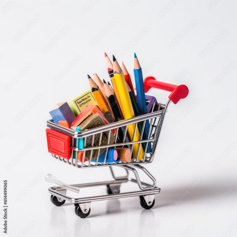 Miniature shopping trolley with school materials on white background.