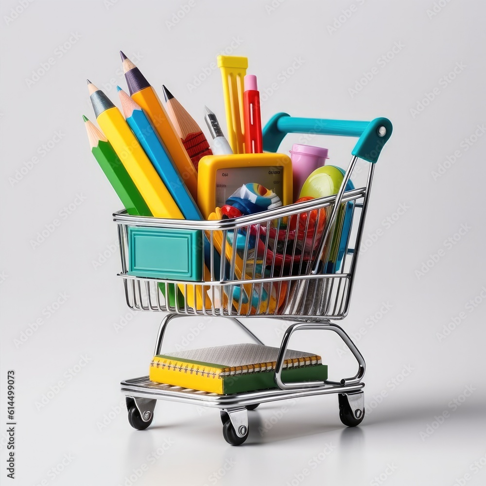 Miniature shopping trolley with school materials on white background.