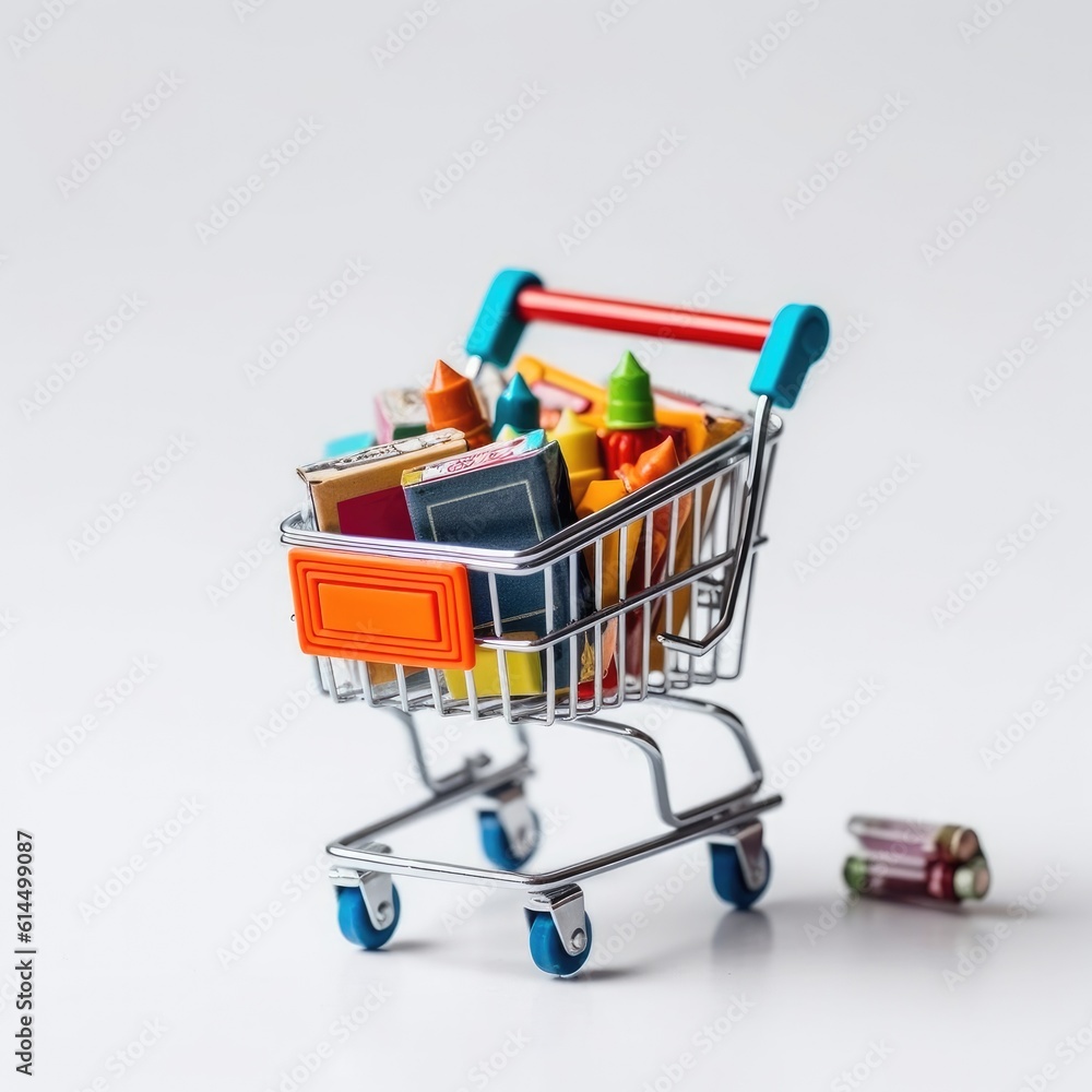 Close up of miniature shopping trolley with school materials, Back to school, shopping, school mater