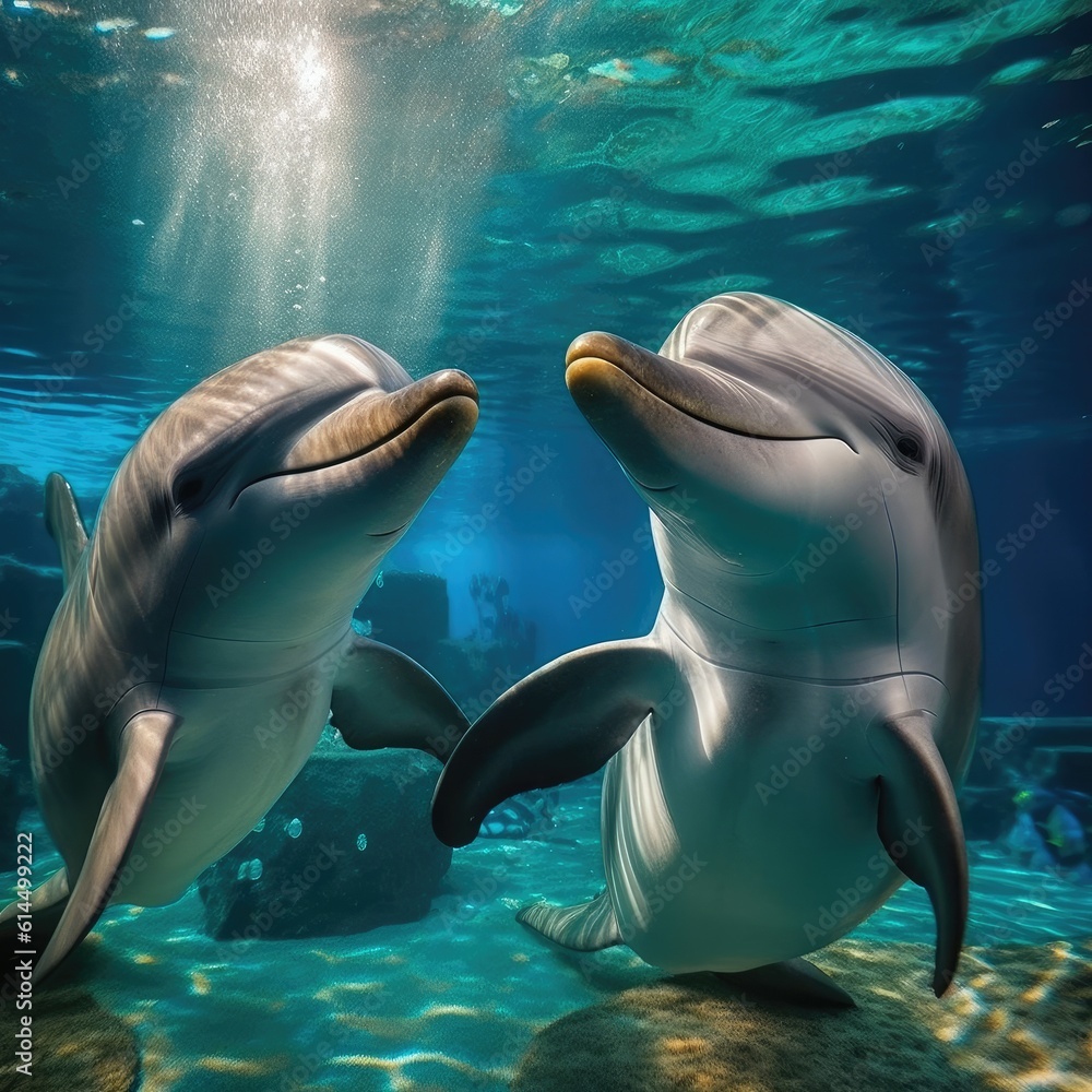 Ocean Life, Two dolphins playing under the sea.