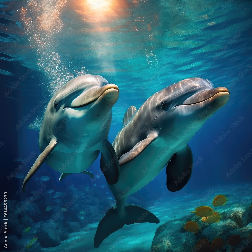 Graceful dolphins frolicking in underwater marine world.