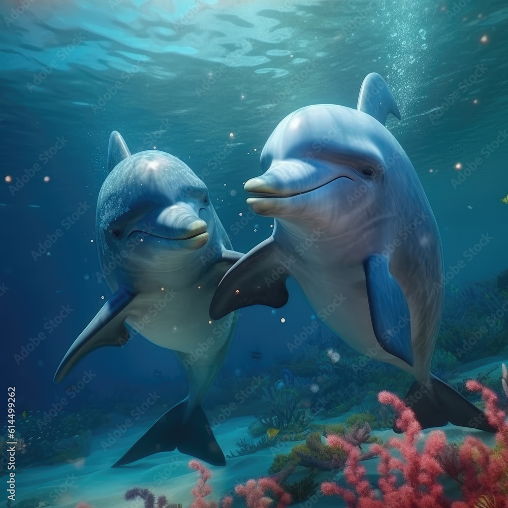 Ocean Life, Two dolphins playing under the sea.