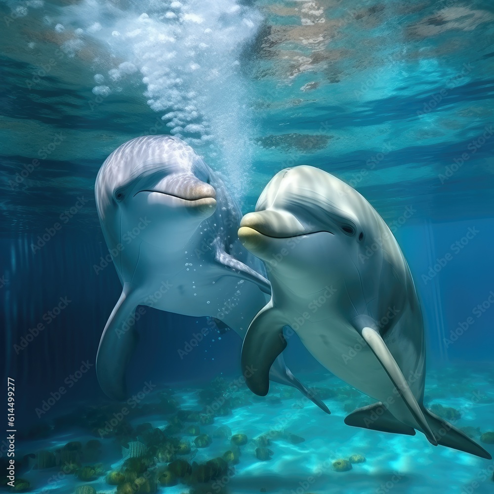 Graceful dolphins frolicking in underwater marine world.