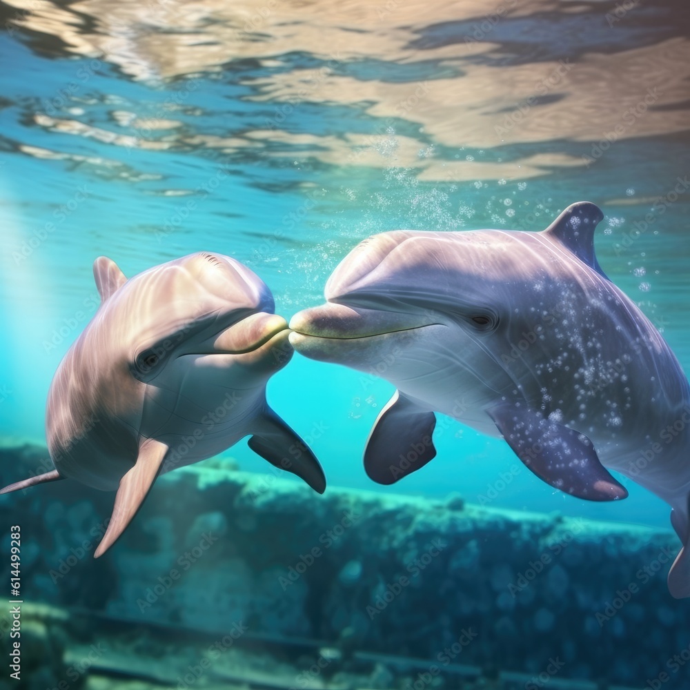 Two spinner dolphins swim under the sea.