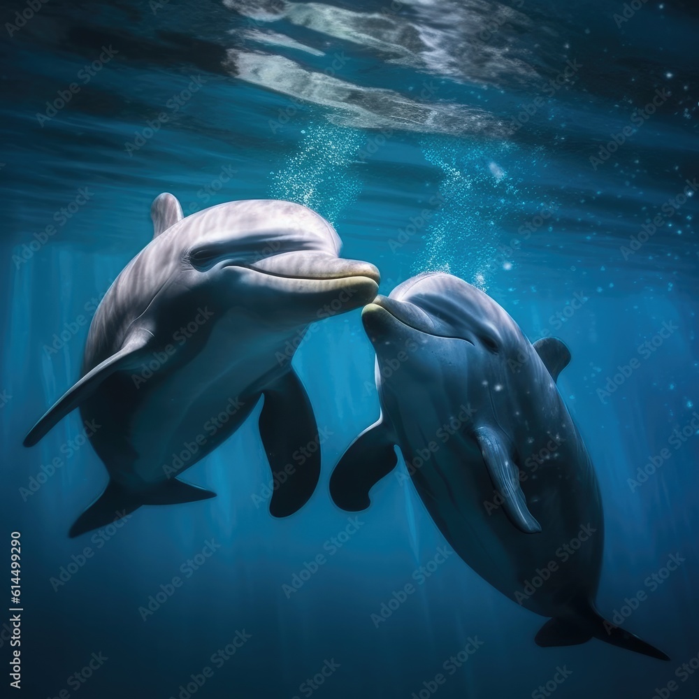 Ocean Life, Two dolphins playing under the sea.