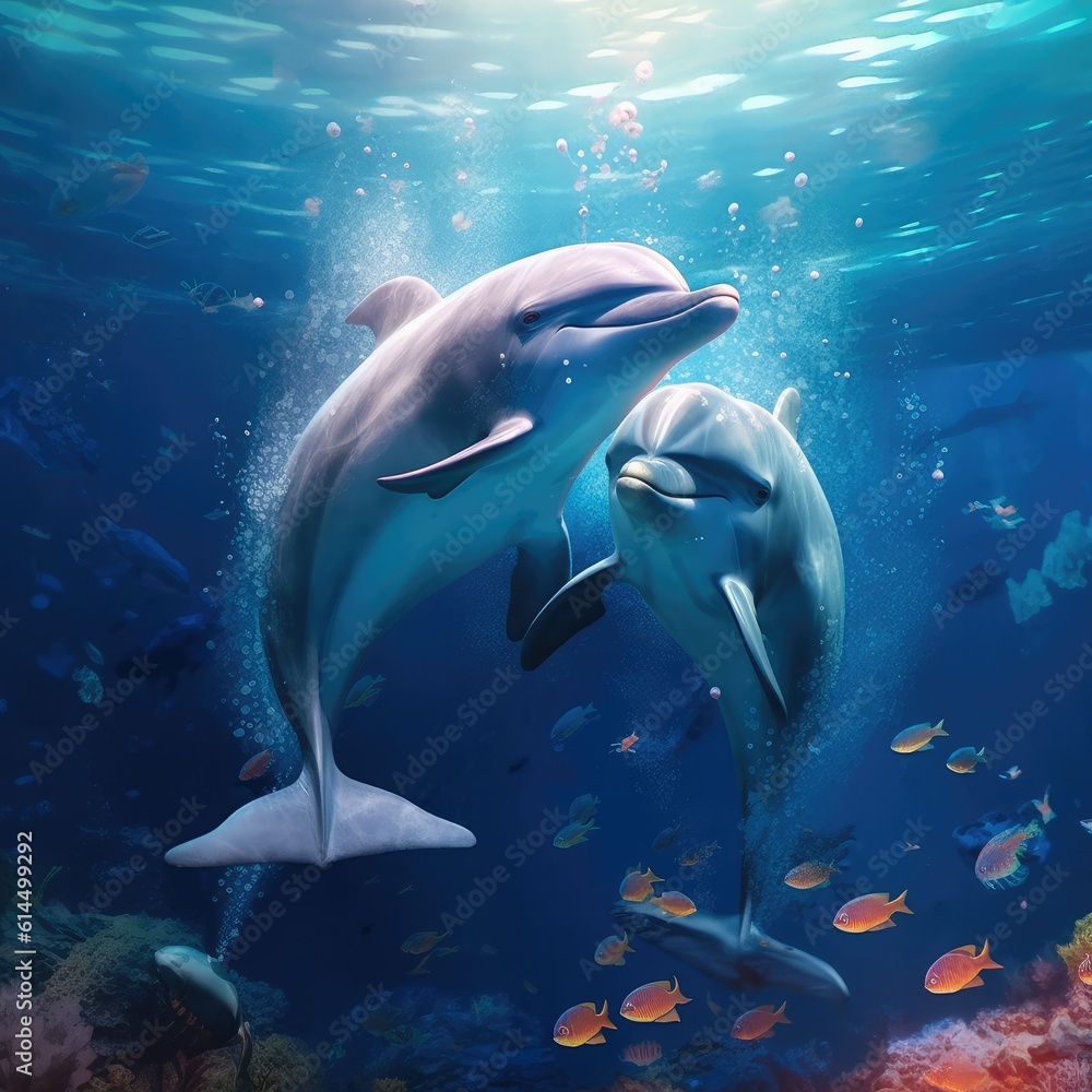 Graceful dolphins frolicking in underwater marine world.